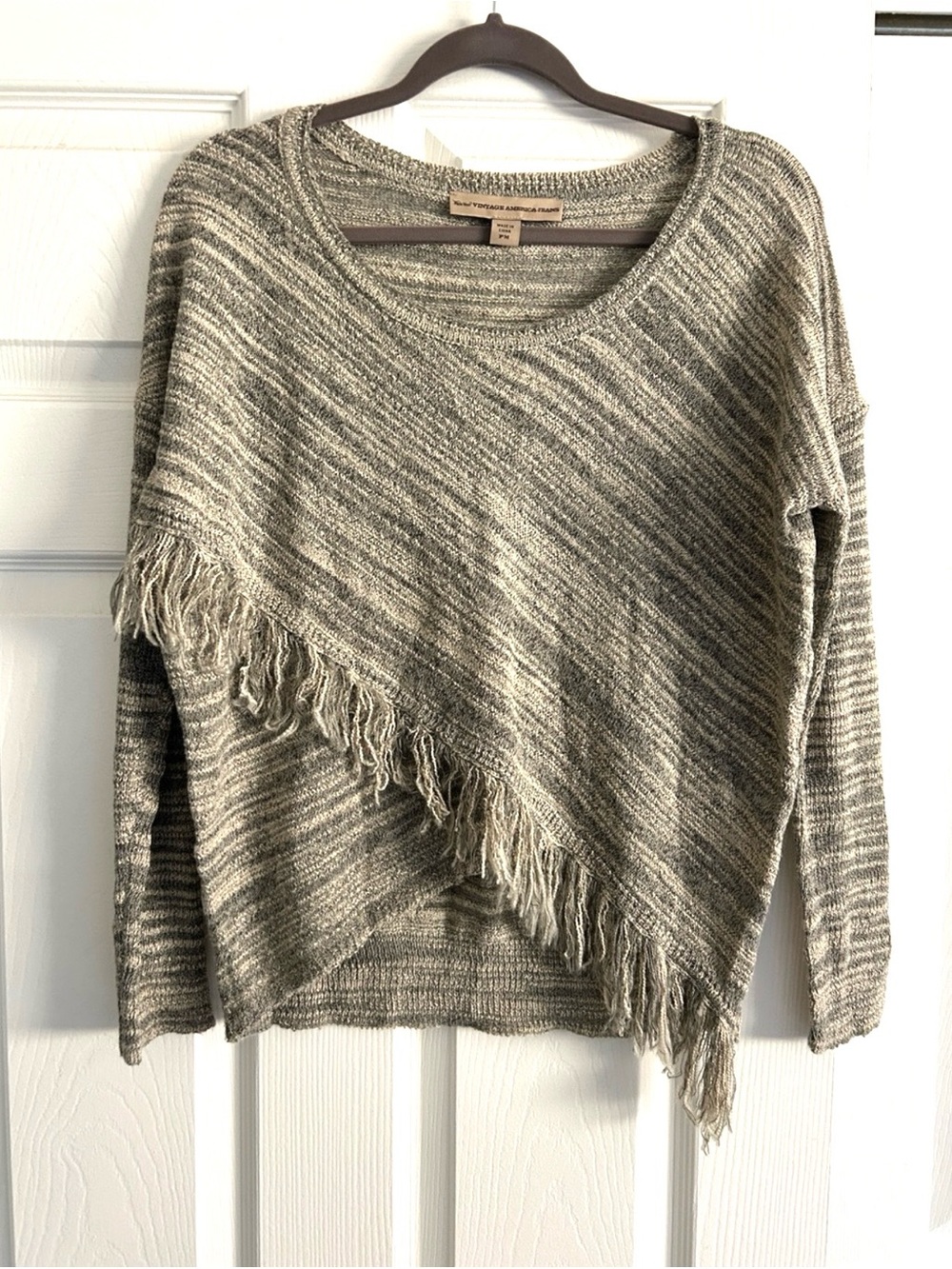 Vintage America PM Taupe Cream Fringe Knit Scoop Neck Boho Sweater